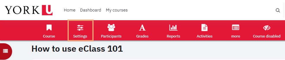 Screenshot of main menu on eClass course with course settings icon highlighted