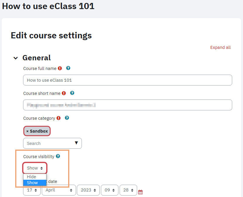 Screenshot of course settings page with Course visibility drop down menu highlighted