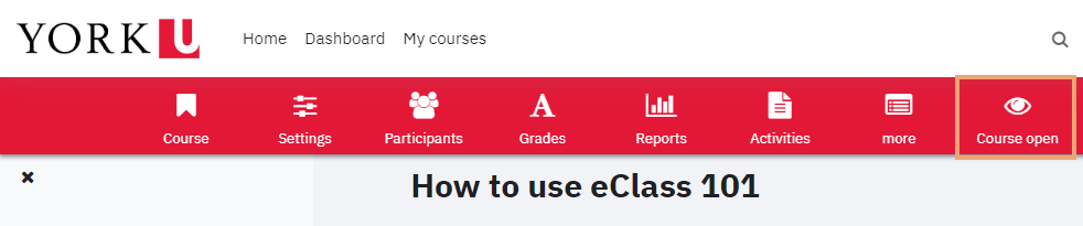 Screenshot of main menu on eClass course with course visibility icon highlighted showing course open