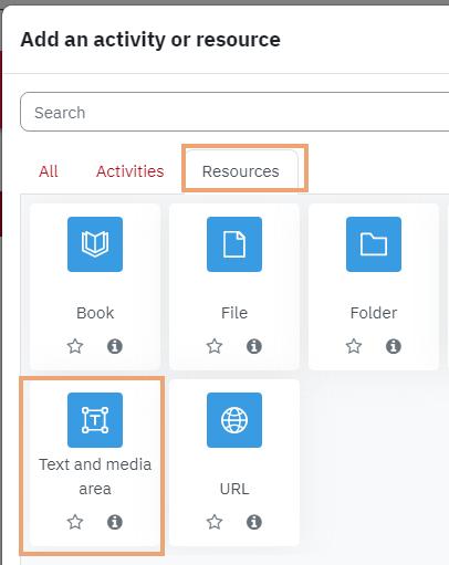 Screenshot of Add an activity or resource menu on eclass with Resources tab and Text and media area options highlighted