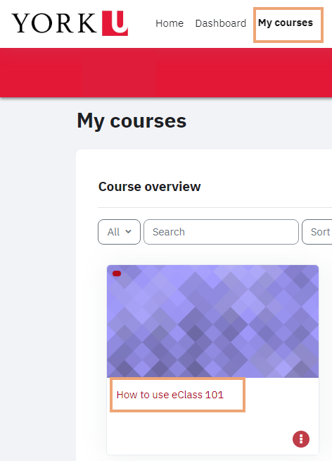 Screenshot of My courses tab on eclass site highlighted, course title on my courses page highlighted