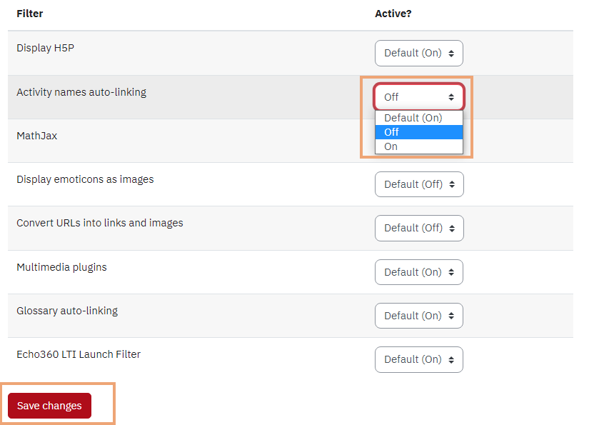 Screenshot of Filters page of in eclass course with Auto linking drop down set to Off