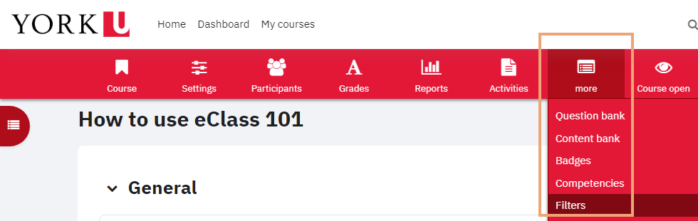 Screenshot of top menu on eclass course page with More icon highlighted and Filters option selected