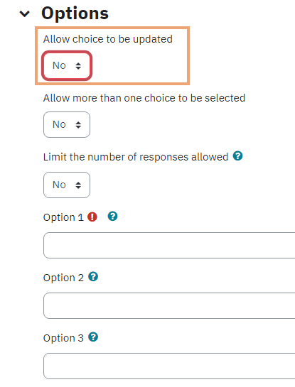 Screenshot of Options section on Choice activity setup page, with Allow choice to be updated button highlighted