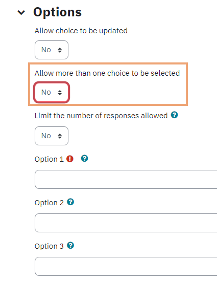 Screenshot of Options section on Choice activity setup page, with Allow more than one choice button highlighted