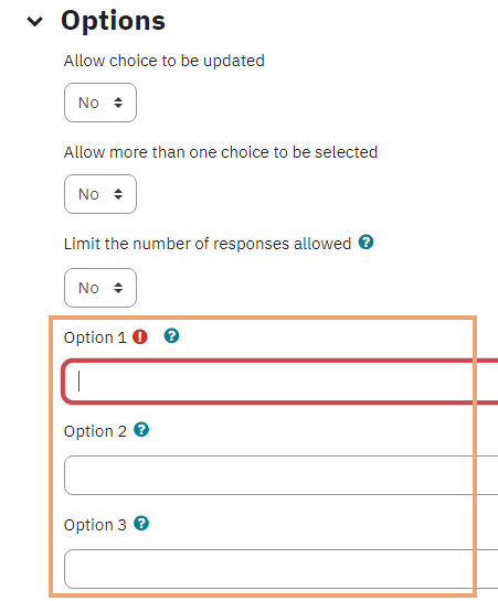 Screenshot of Options section on Choice activity setup page, with options highlighted