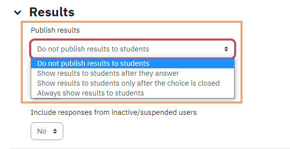 Screenshot of Results section on Choice activity setup page, with Publish results menu highlighted