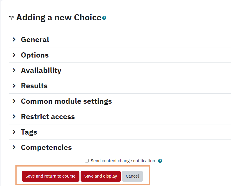 Screenshot of Save and Return to course and Save and display buttons on Choice activity setup page highlighted