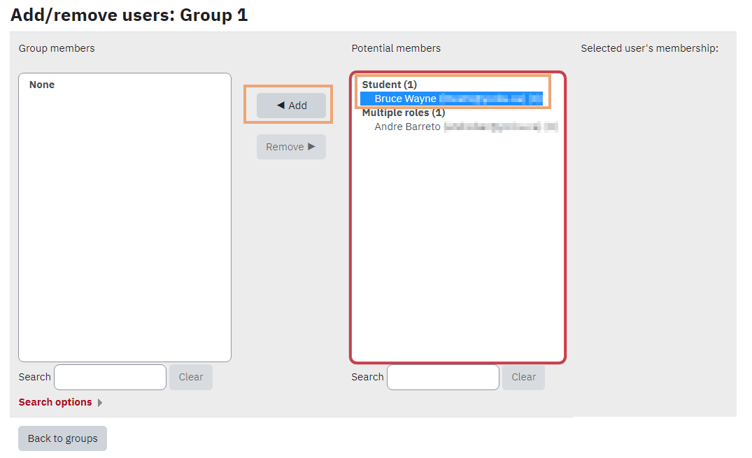 Screenshot of add users to group page on eclass with user list in right column highlighted and Add button highlighted