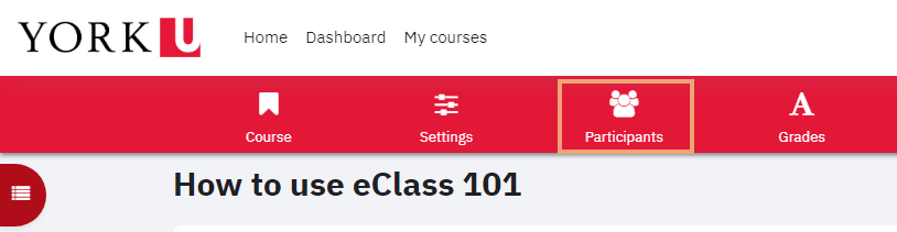 Screen shot of menu bar on eclass site with Participants icon highlighted