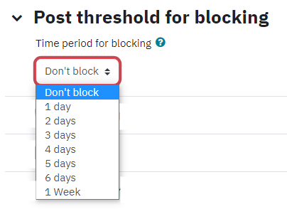 Screenshot of Post threshold for blocking section on Forum activity with Time period menu selected