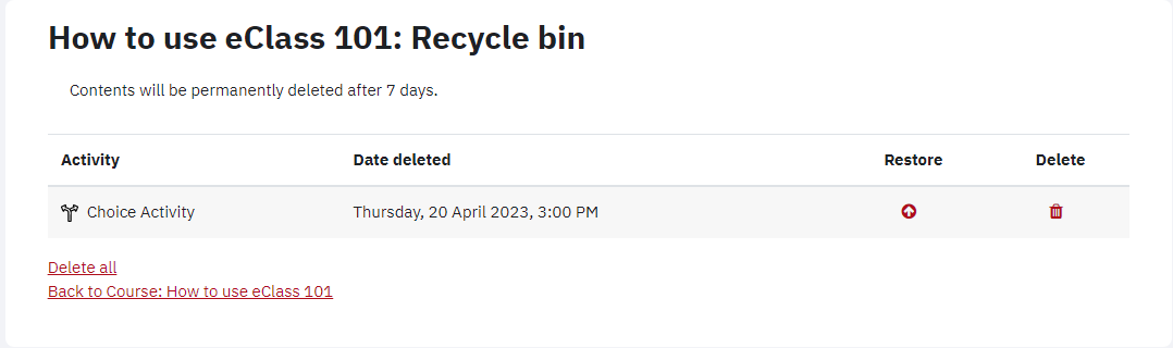 Screenshot of recycle bin page on eclass