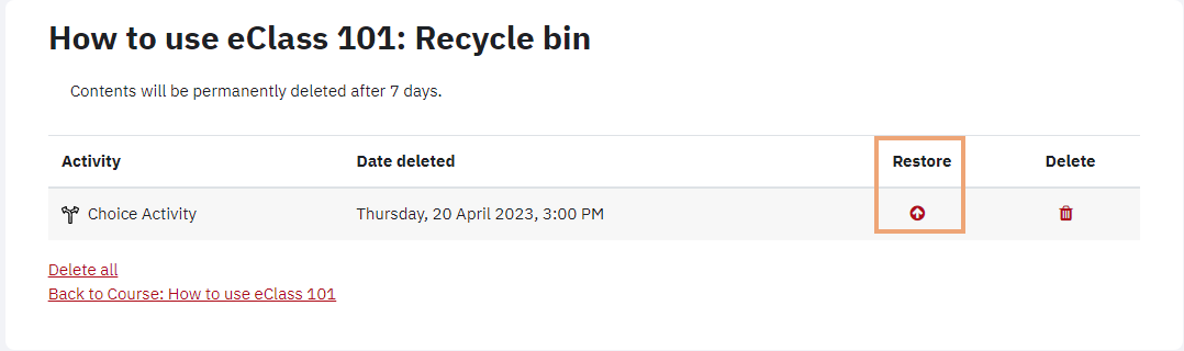 Screenshot of restore icon on recycle bin page beside activity highlighted