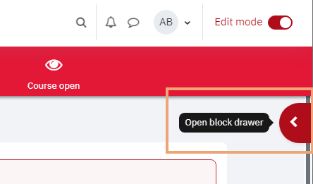 Screenshot of right side of eclass course page with Open block drawer button highlighted