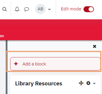 Screenshot of open block drawer on eclass with Add a block button highlighted