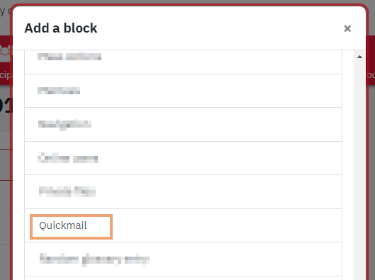 Screenshot of Add a block menu with Quickmail option highlighted