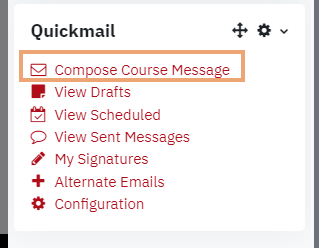 Screenshot of Compose Course Message option on Quickmail block highlighted