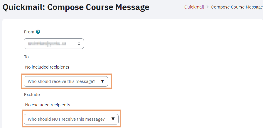 Screenshot of Compose Quickmail page on eclass with Included and Excluded recipients fields highlighted