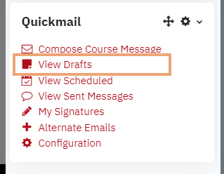 Screenshot of View Drafts option on Quickmail block highlighted