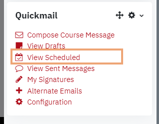 Screenshot of View Scheduled option on Quickmail block highlighted