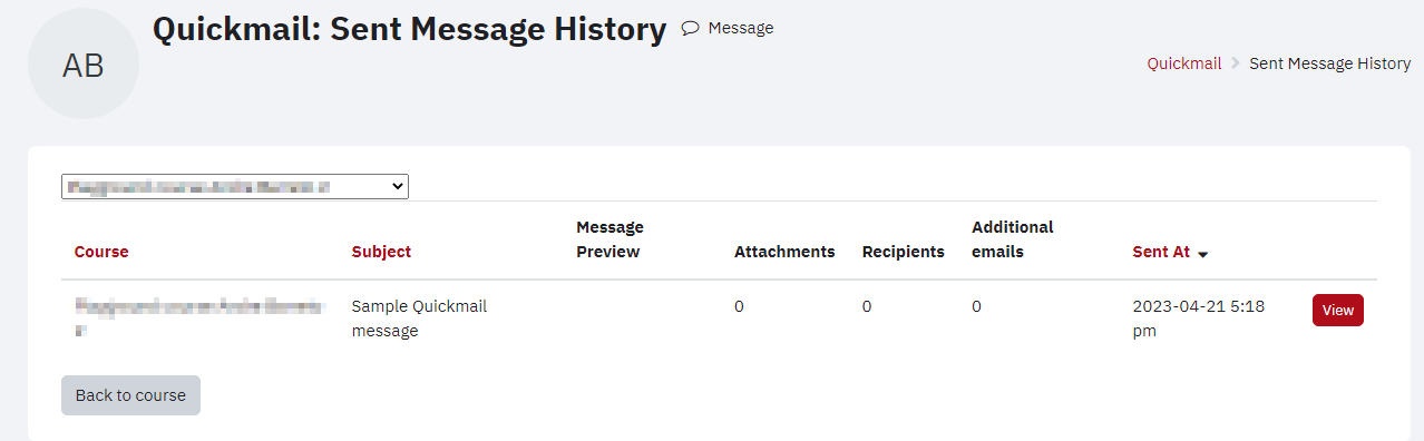 Screenshot of Sent Message History page for Quickmail