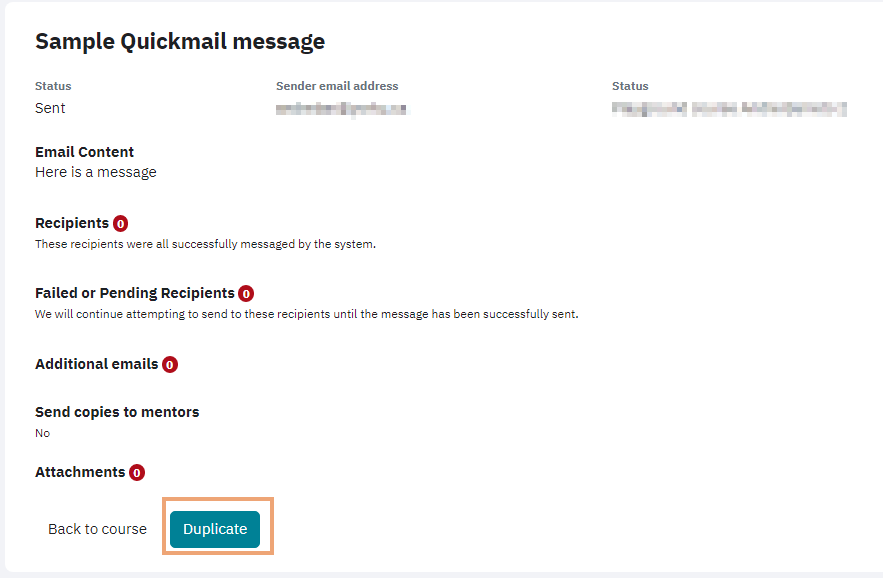 Screenshot of Quickmail message with Duplicate button highlighted