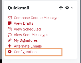 Screenshot of Configuration option on Quickmail block highlighted