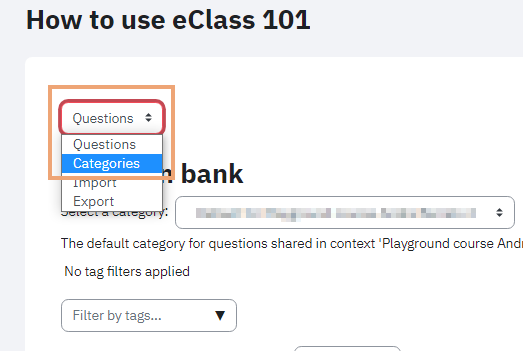 Screenshot of Question bank page with Categories menu selected