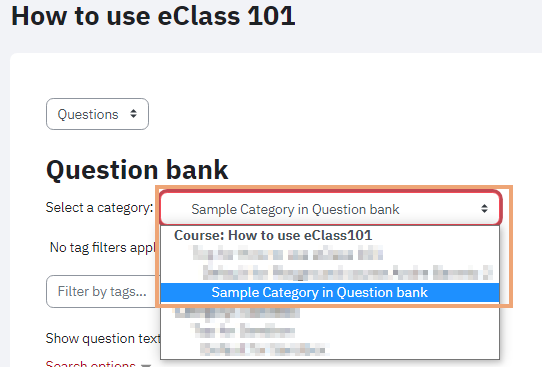 Screenshot of Questions page in Question Bank with Category menu selected