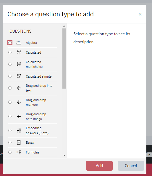 Screenshot of Choose a question type menu