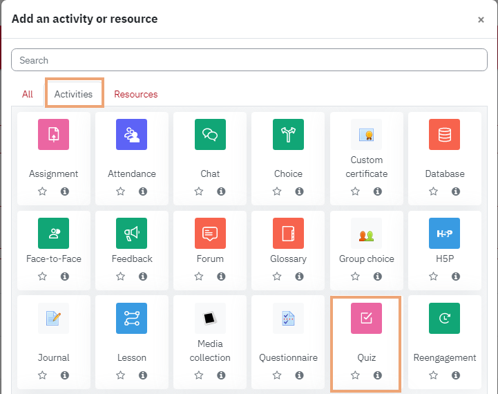 Screenshot of Add an activity or resource menu on eclass with Activities tab and Quiz activity highlighted