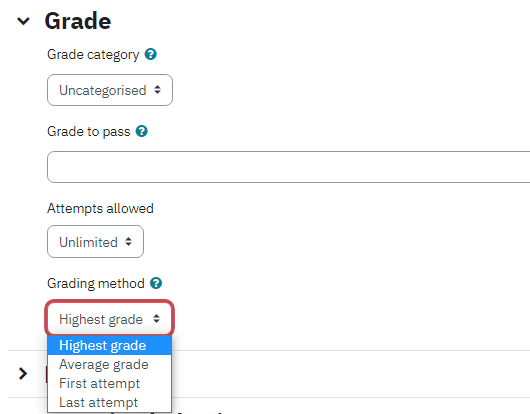 Screenshot of Grade section on Quiz activity with Grading method menu opened