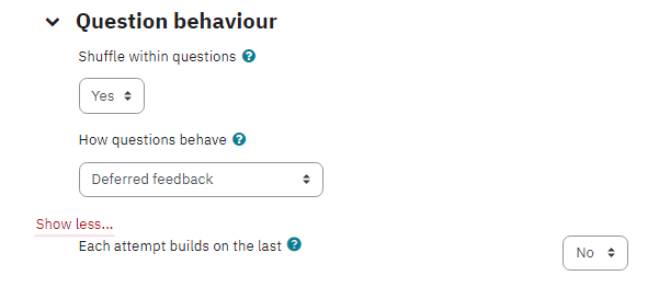 Screenshot of Question behaviour section on Quiz activity