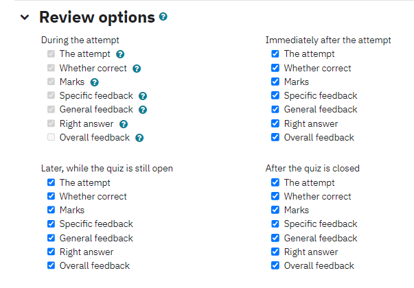 Screenshot of Review options section on Quiz activity