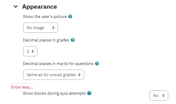 Screenshot of the Appearance section on the Quiz activity