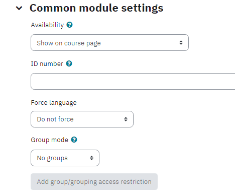 Screenshot of the Common module settings on the Quiz activity