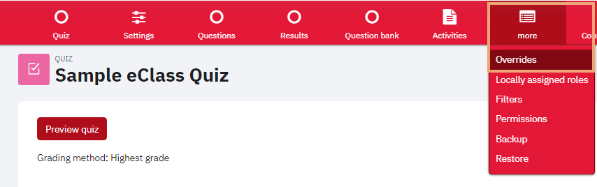 Screenshot of top menu of Quiz activity with More menu and Overrides selected