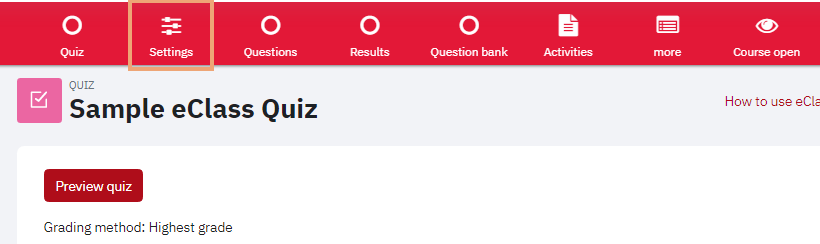 Screenshot of top menu of Quiz activity with Settings option highlighted