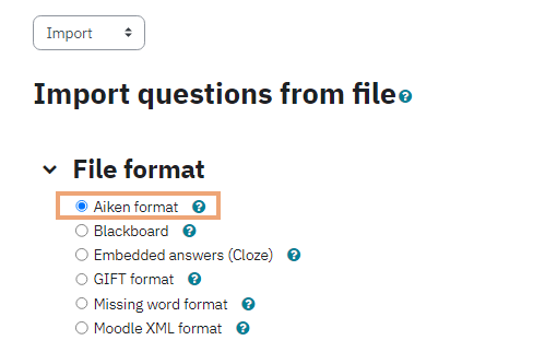 Screenshot of File format section on Import page for Question bank, with Aiken format chosen