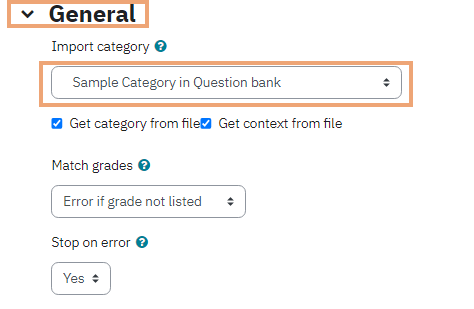Screenshot of General section on Import page for Question bank, with Import category menu highlighted