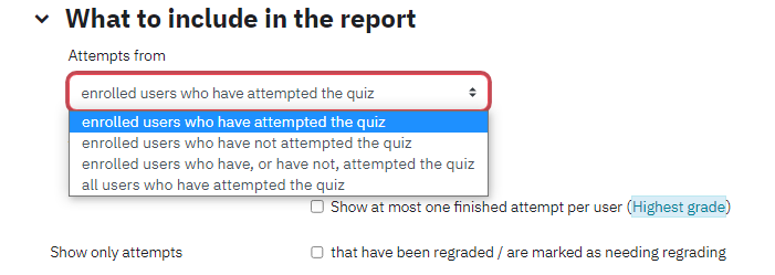 Screenshot of What to include section of Grade report on Quiz results page with Attempts from menu opened