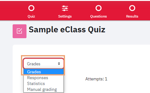 Screenshot of Results page on Quiz activity with menu option Grades chosen