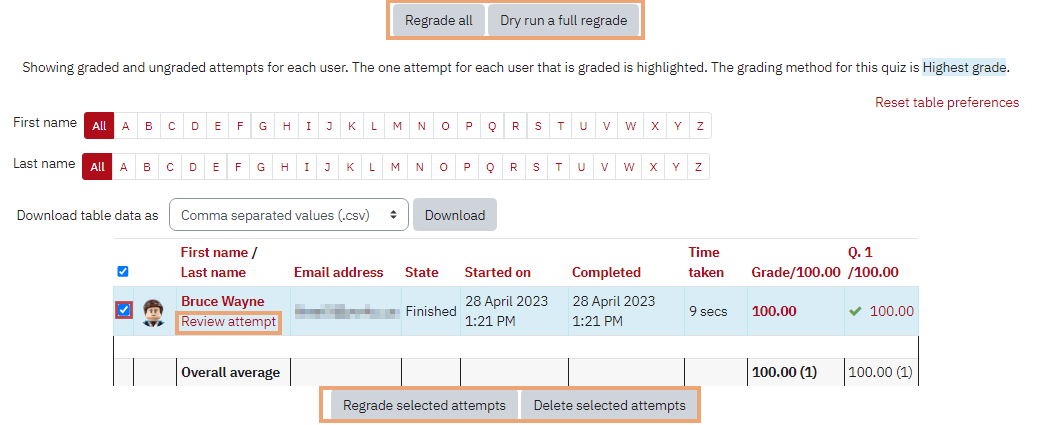 Screenshot of Grade reports section on Quiz Results page
