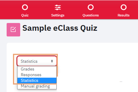 Screenshot of Results page on Quiz activity with menu option Statistics chosen