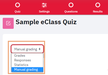 Screenshot of Results page on Quiz activity with menu option Manual grading chosen