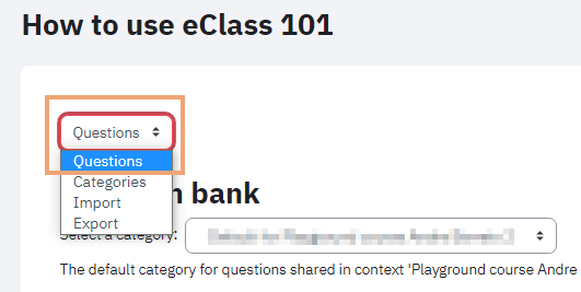 Screenshot of Question bank page with Questions menu selected