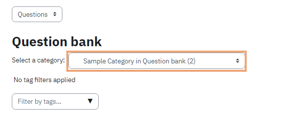 Screenshot of Select a category menu on Question bank page