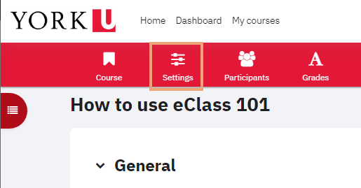 Screenshot of top menu on eClass course page with Settings icon highlighted
