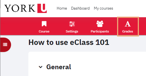 Screenshot of top menu on eClass course page with Grades icon highlighted
