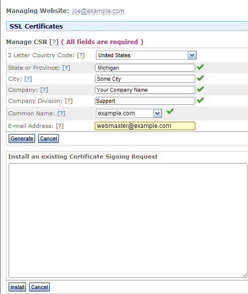 SiteWorx SSL Certificates Page:  Generate or Install a CSR